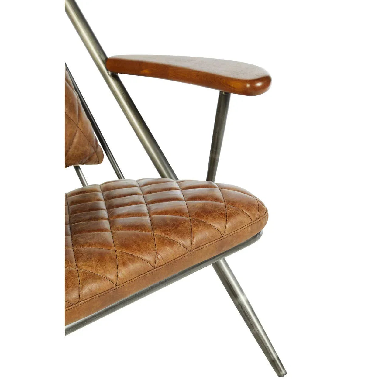 Brown leather armchair with quilted seat, metal frame, and wooden armrest detail