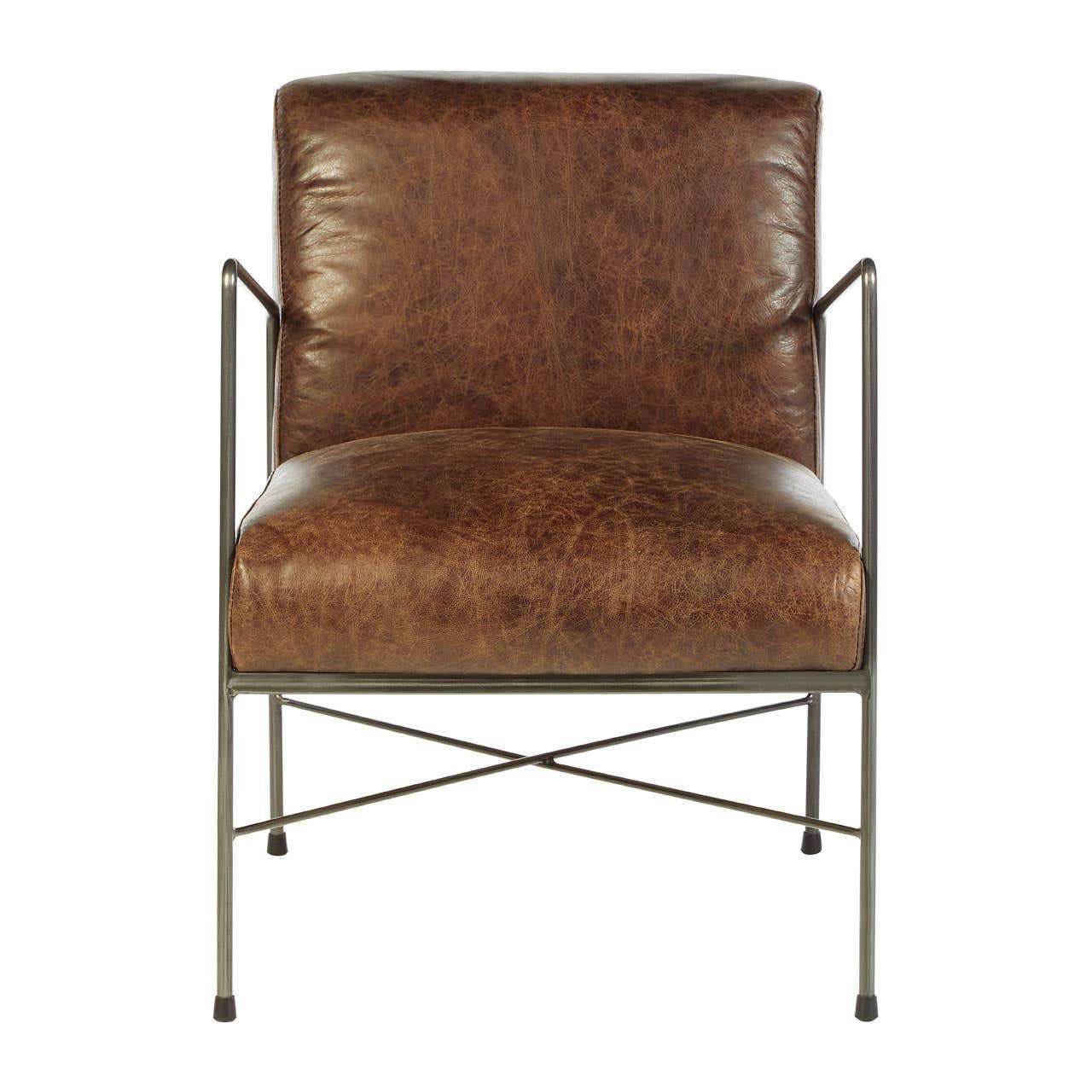 Brown leather accent chair with black metal frame and cushioned seat, front view