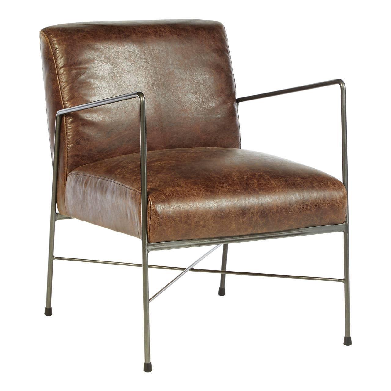 Brown leather accent chair with slim metal frame and open armrests