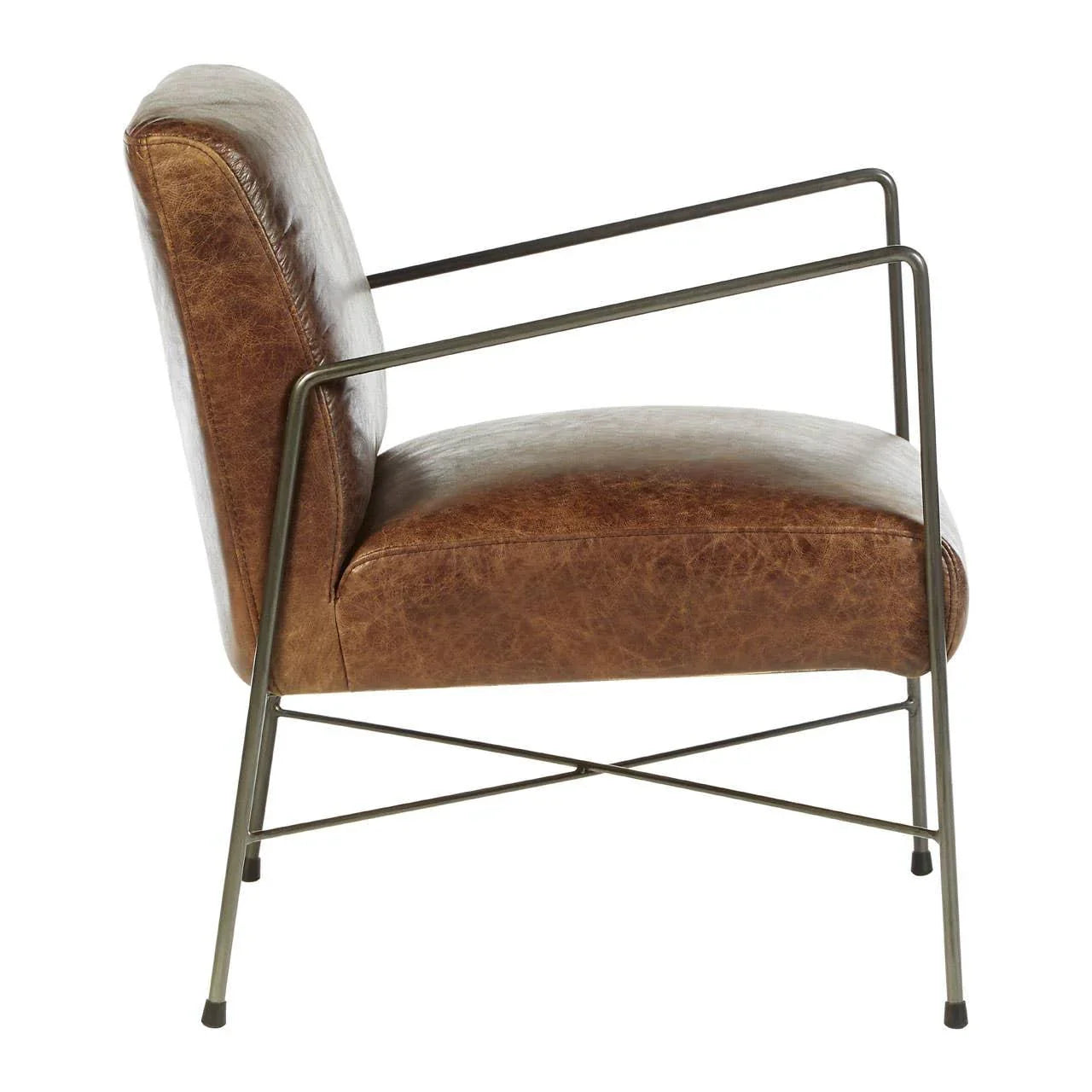 Brown leather armchair with metal frame in side profile view