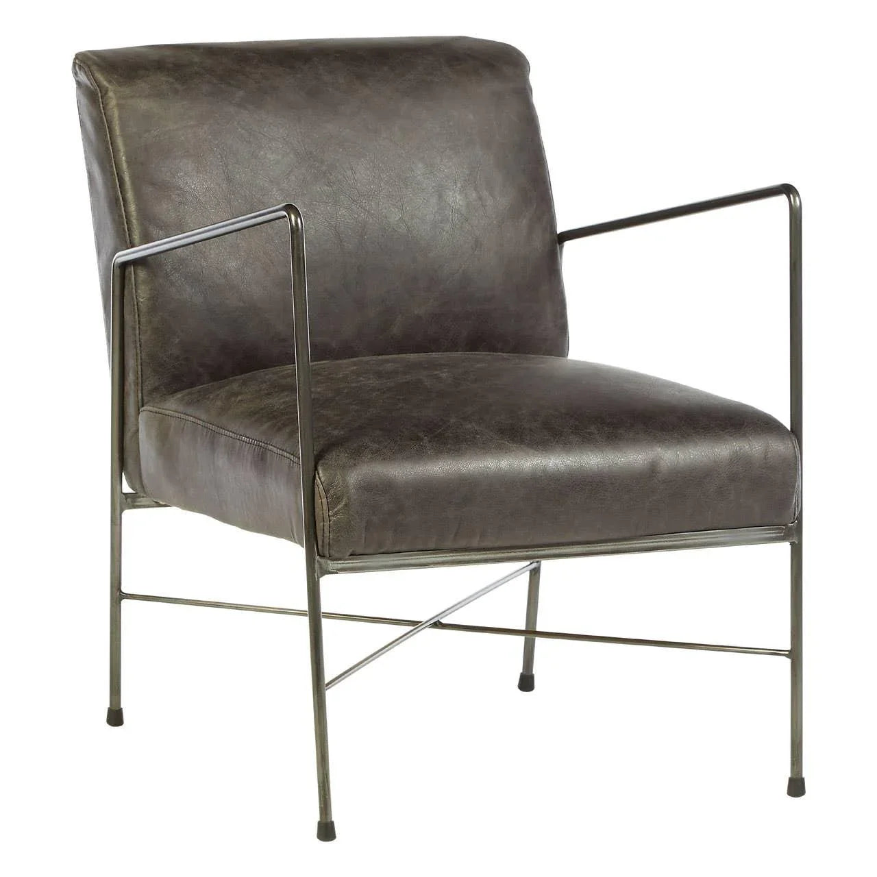 Dark brown leather accent chair with slim metal frame and armrests, front angle view