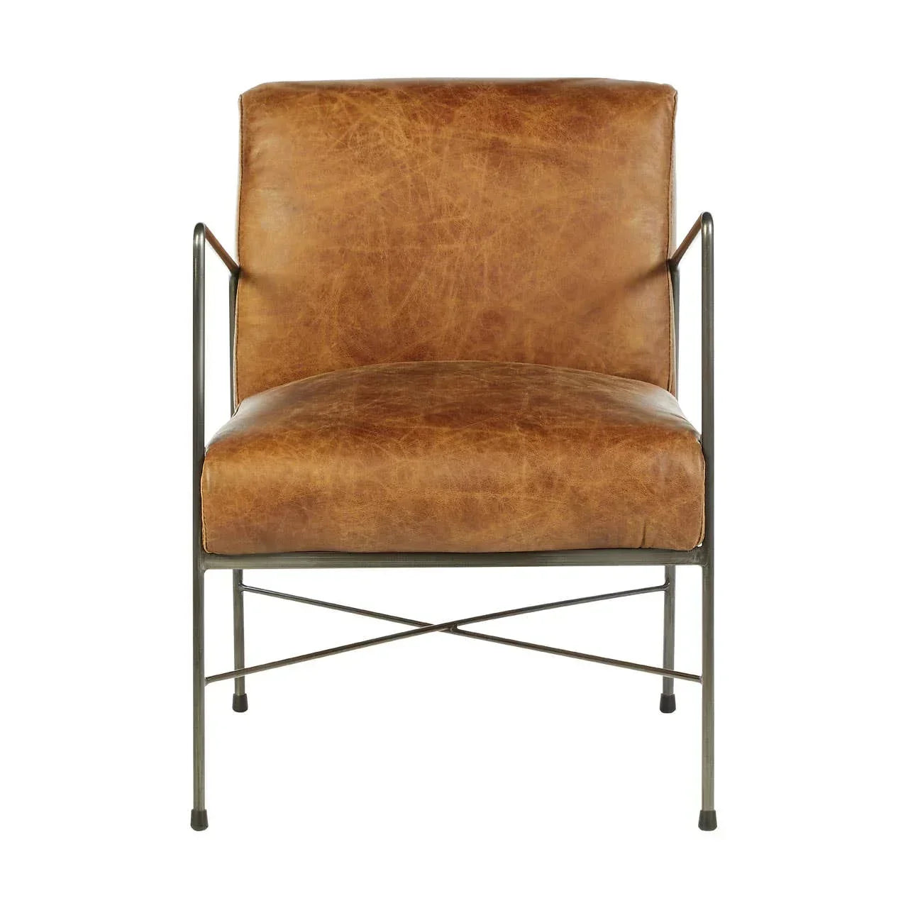 Brown leather accent chair with slim black metal frame, front view