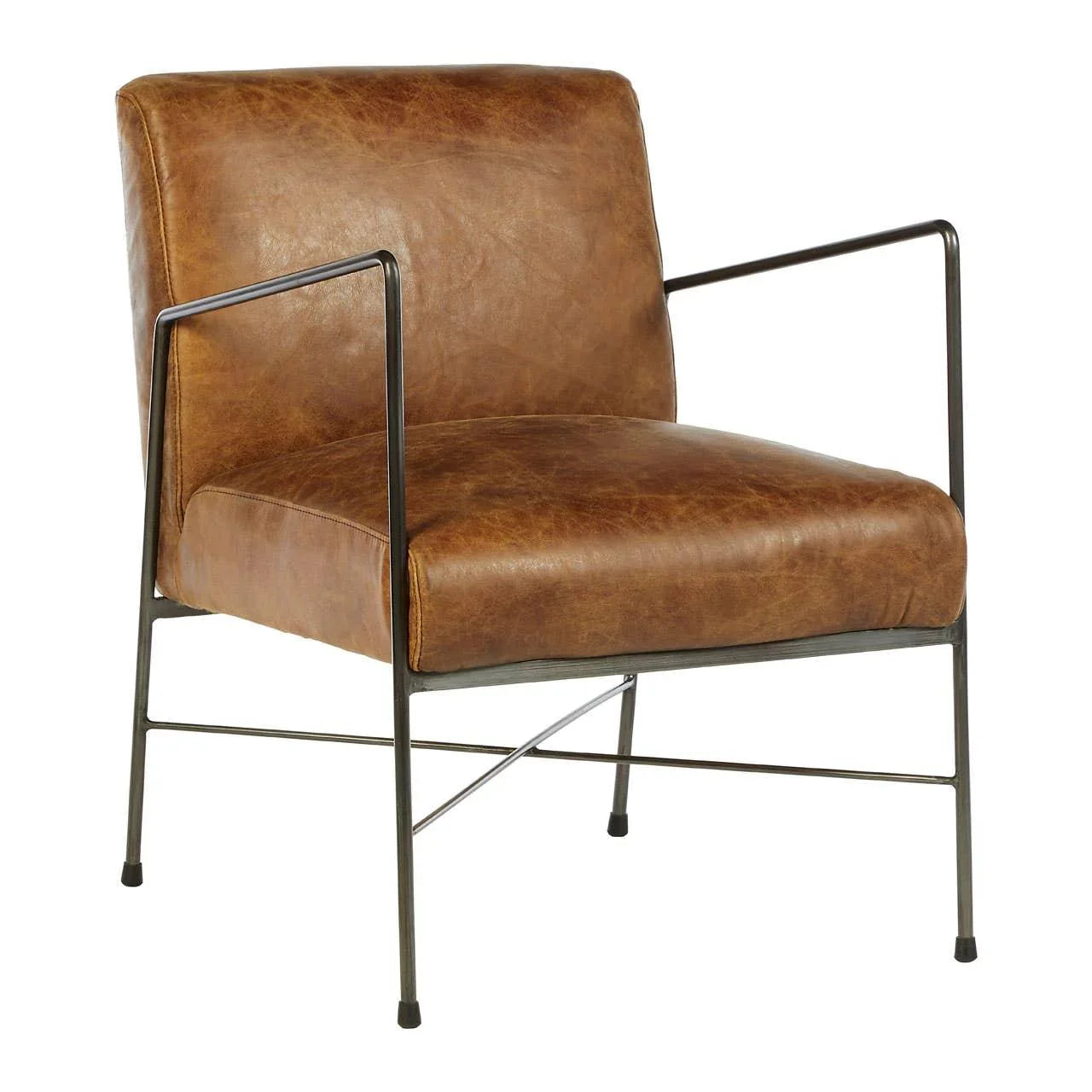 Brown leather accent chair with slim black metal arms and legs, angled front view