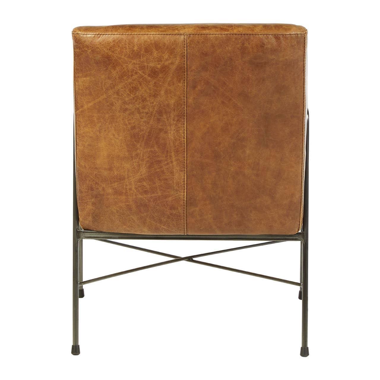 Back view of brown leather accent chair with black metal frame and stitched detail