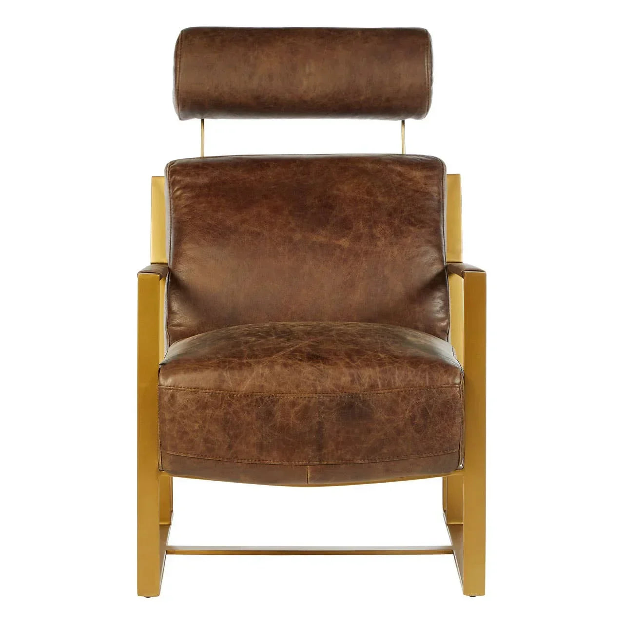 Brown leather armchair with gold metal frame and headrest, front view