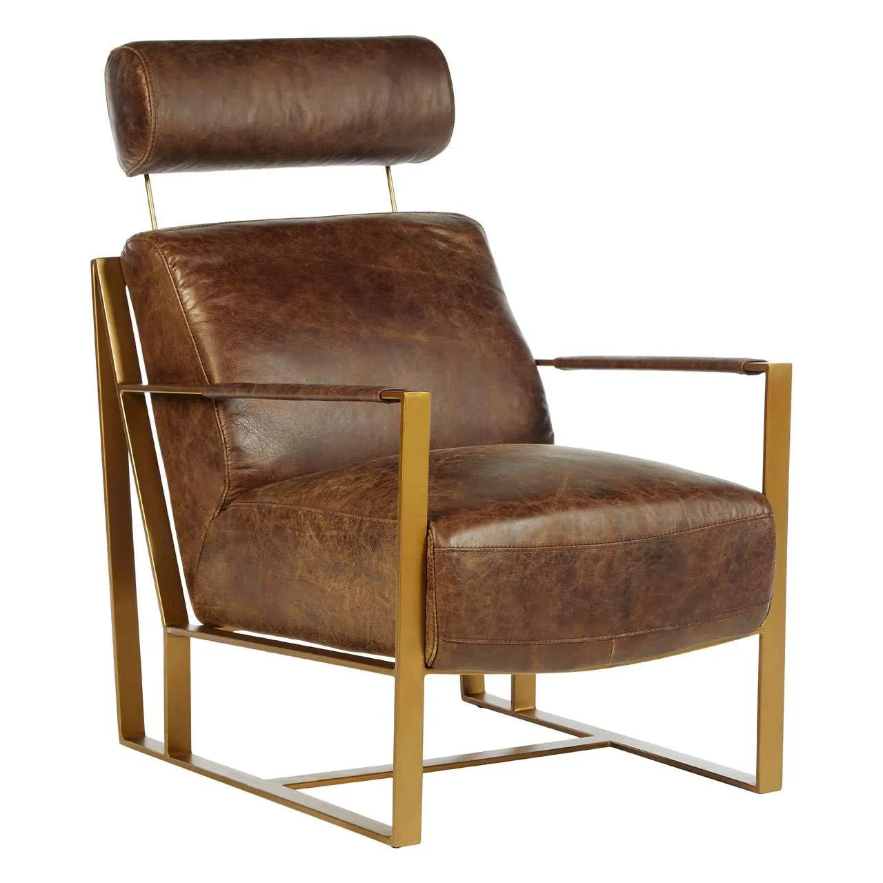 Brown leather accent chair with gold metal frame and padded headrest, angled front view