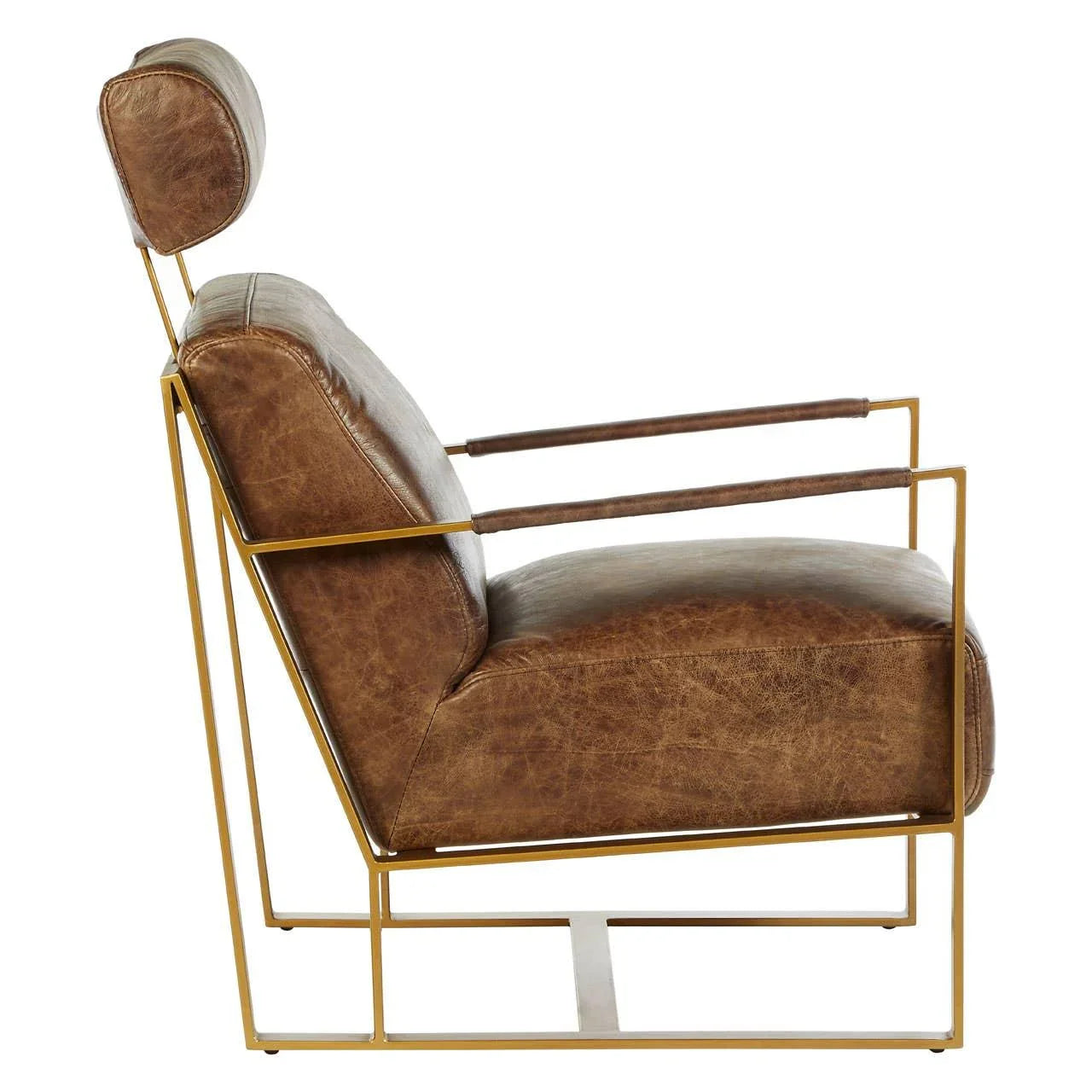 Brown leather accent chair with gold metal frame and headrest, side profile view