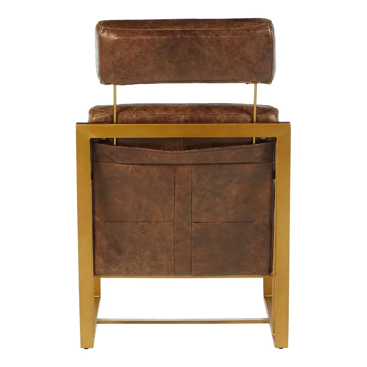 Back view of brown leather accent chair with gold metal frame