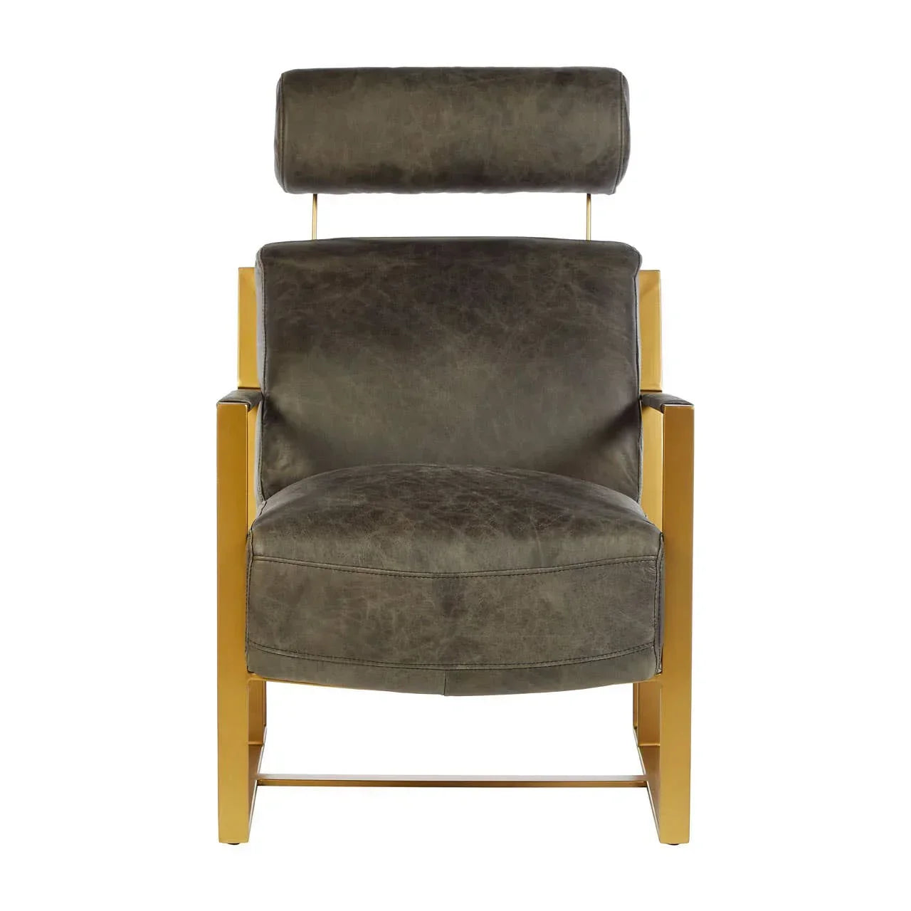 Front view of leather armchair with gold metal frame and headrest