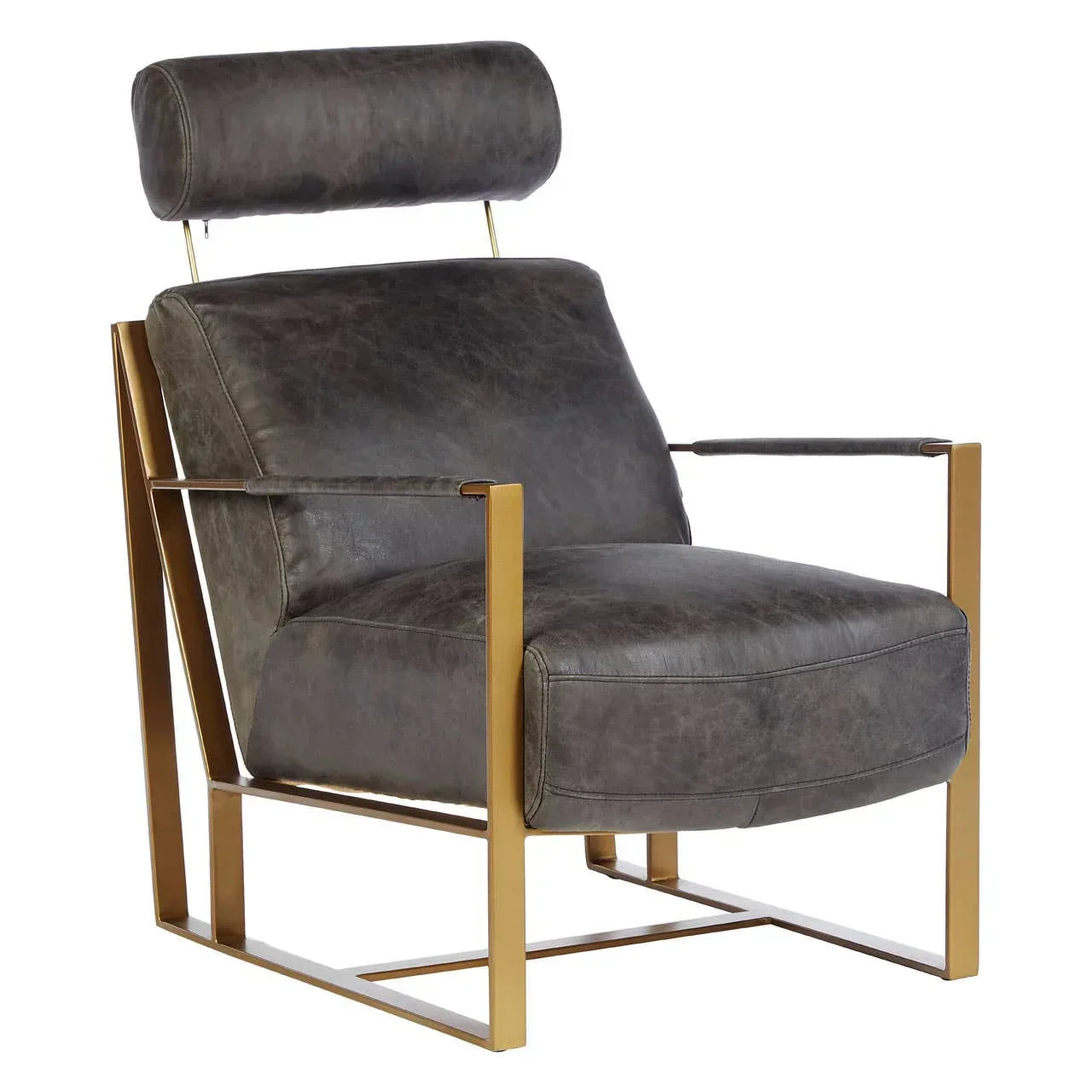 Grey leather accent chair with gold metal frame and matching headrest, angled front view