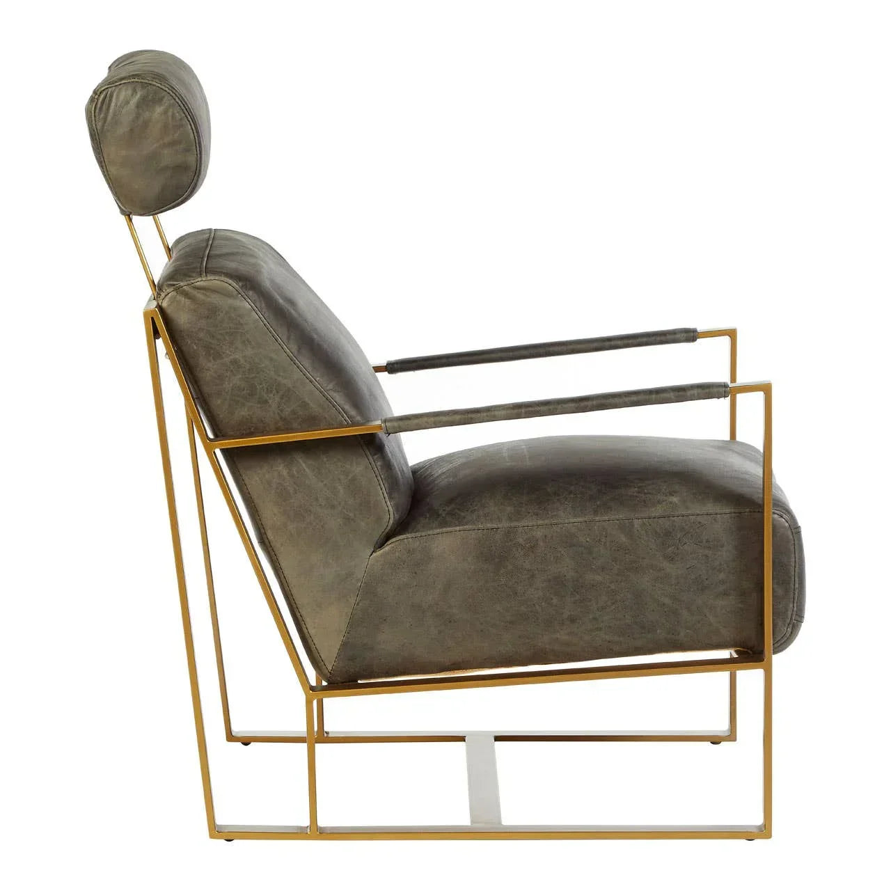 Grey leather accent chair with gold metal frame and headrest, side view