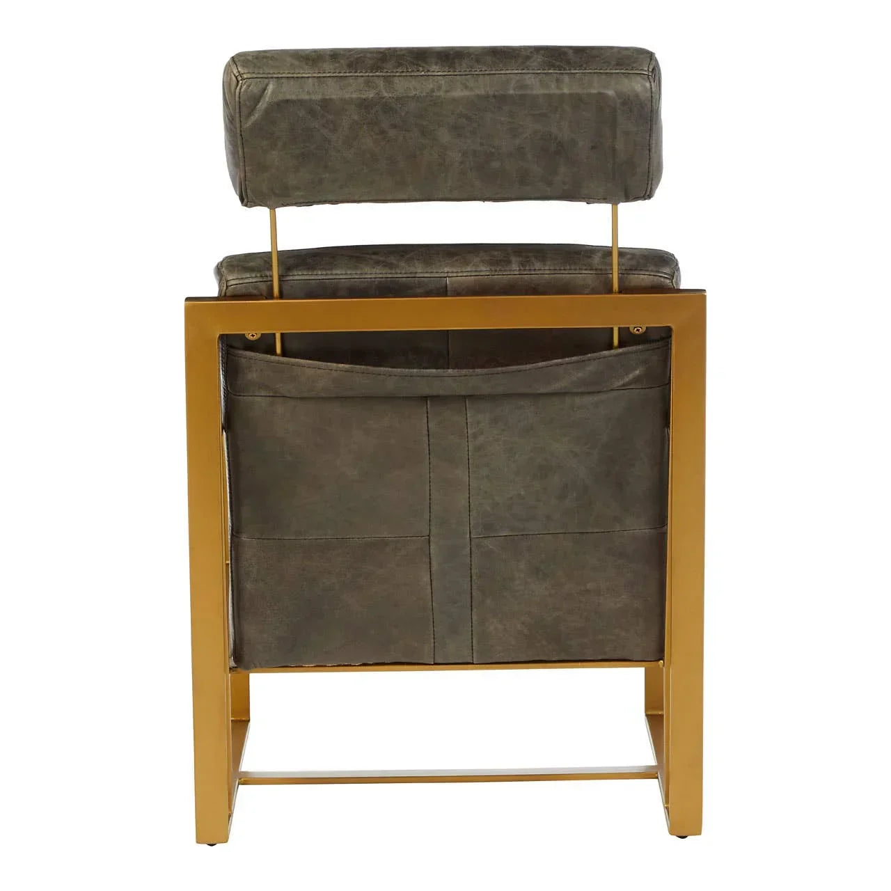 Back view of modern dining chair with brown faux leather and gold metal frame
