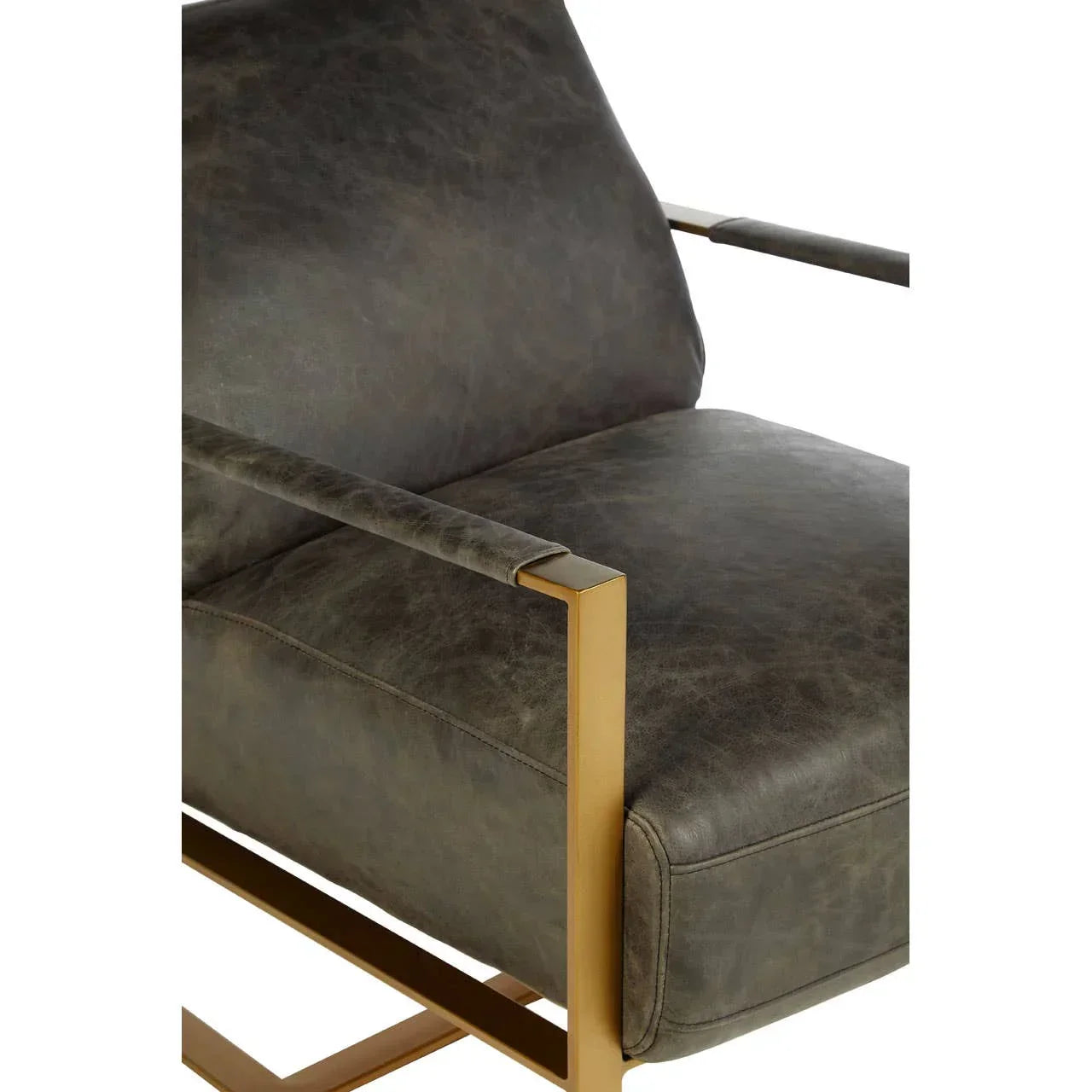 Close-up of leather armchair with gold metal frame and cushioned seat