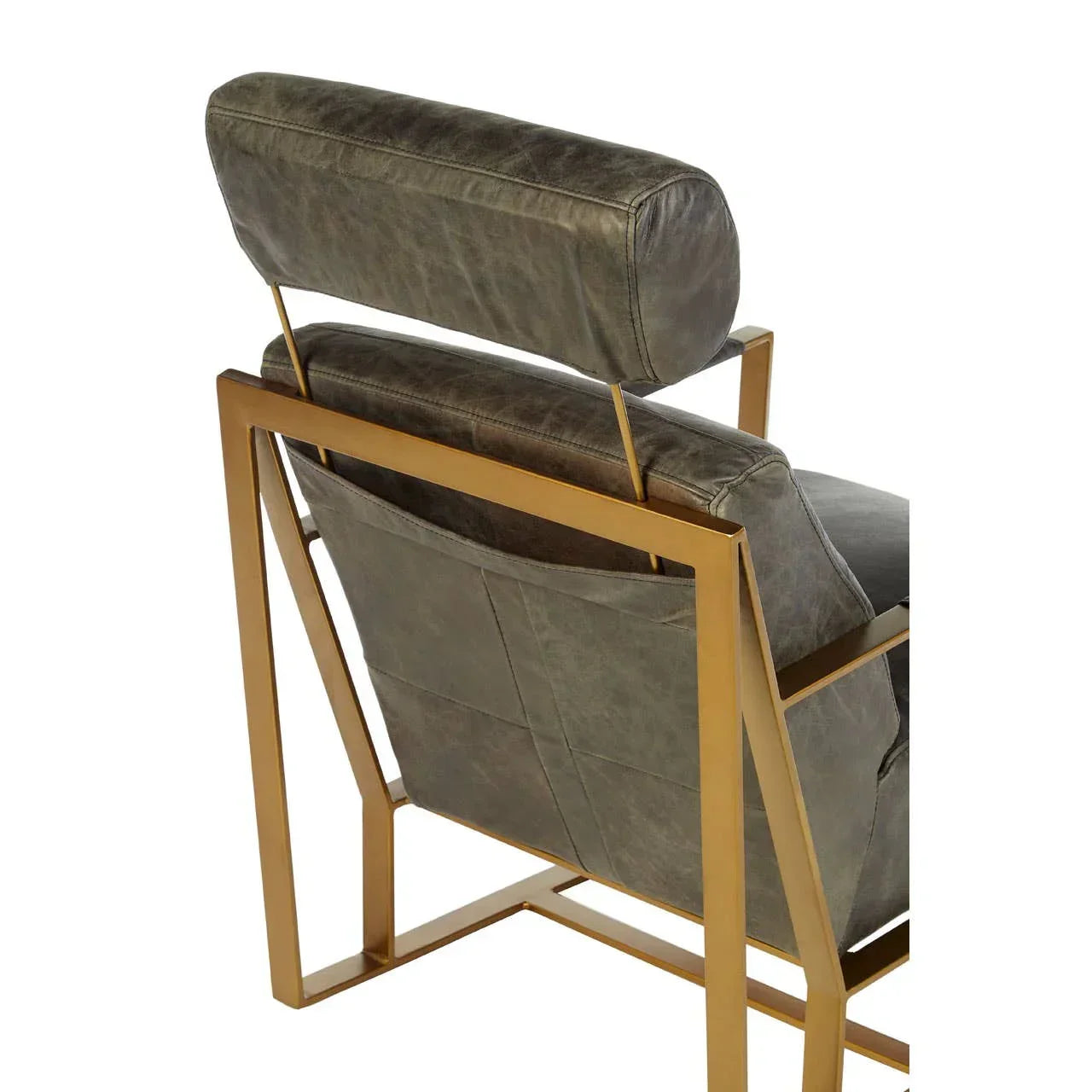 Grey leather accent chair with gold metal frame, viewed from rear angle