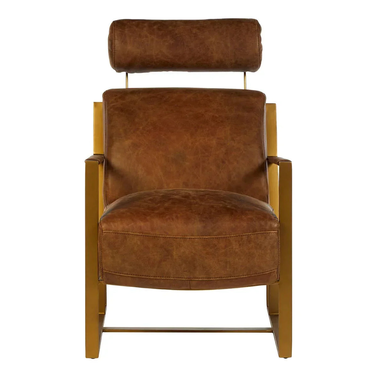 Brown leather accent chair with gold metal frame and headrest, front view