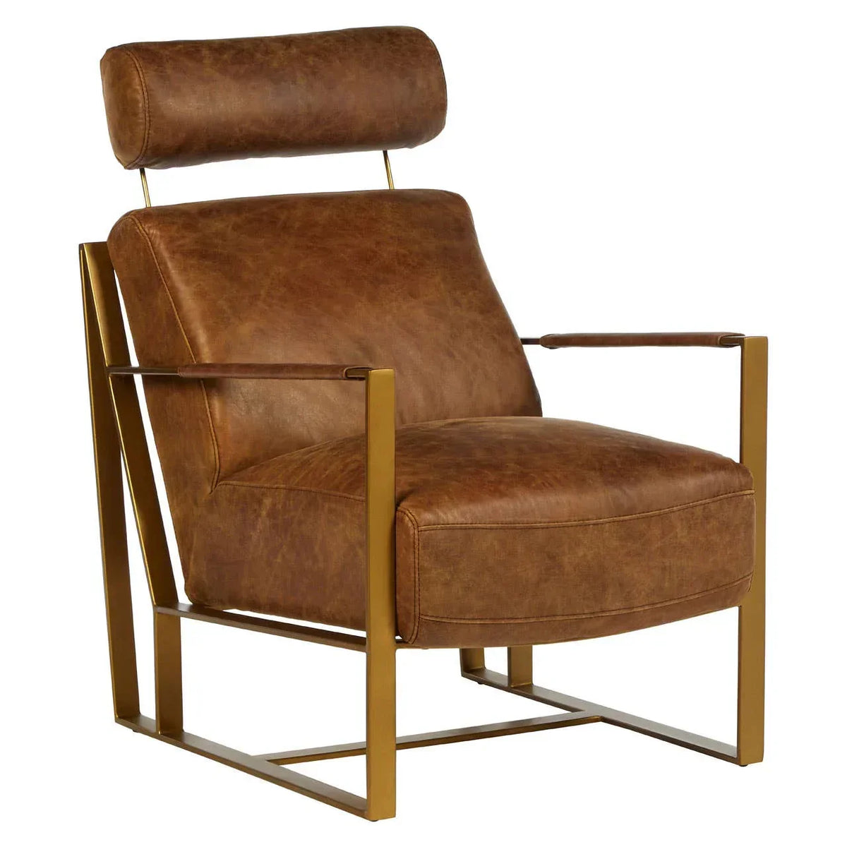 Brown leather accent chair with gold metal frame and cushioned headrest, angled view