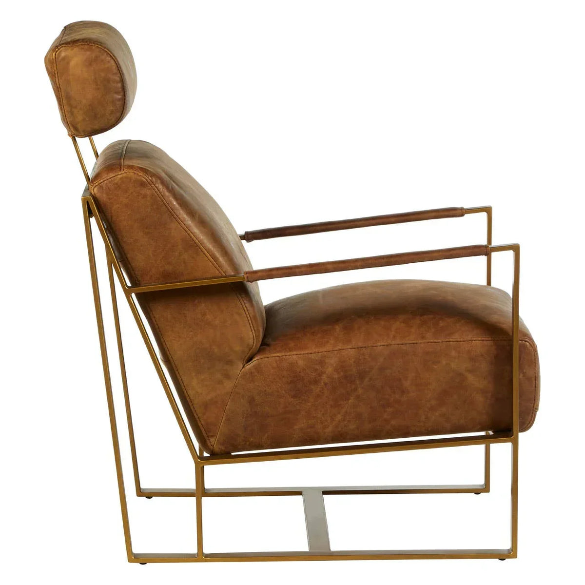 Side view of brown leather armchair with metal frame and padded headrest
