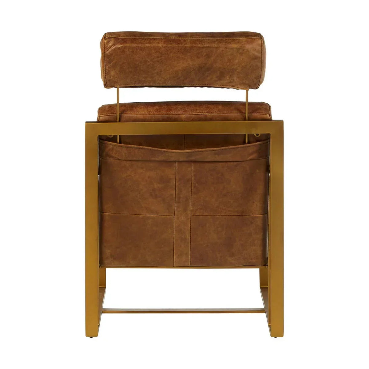 Brown leather accent chair with gold metal frame and rear magazine pocket, rear view