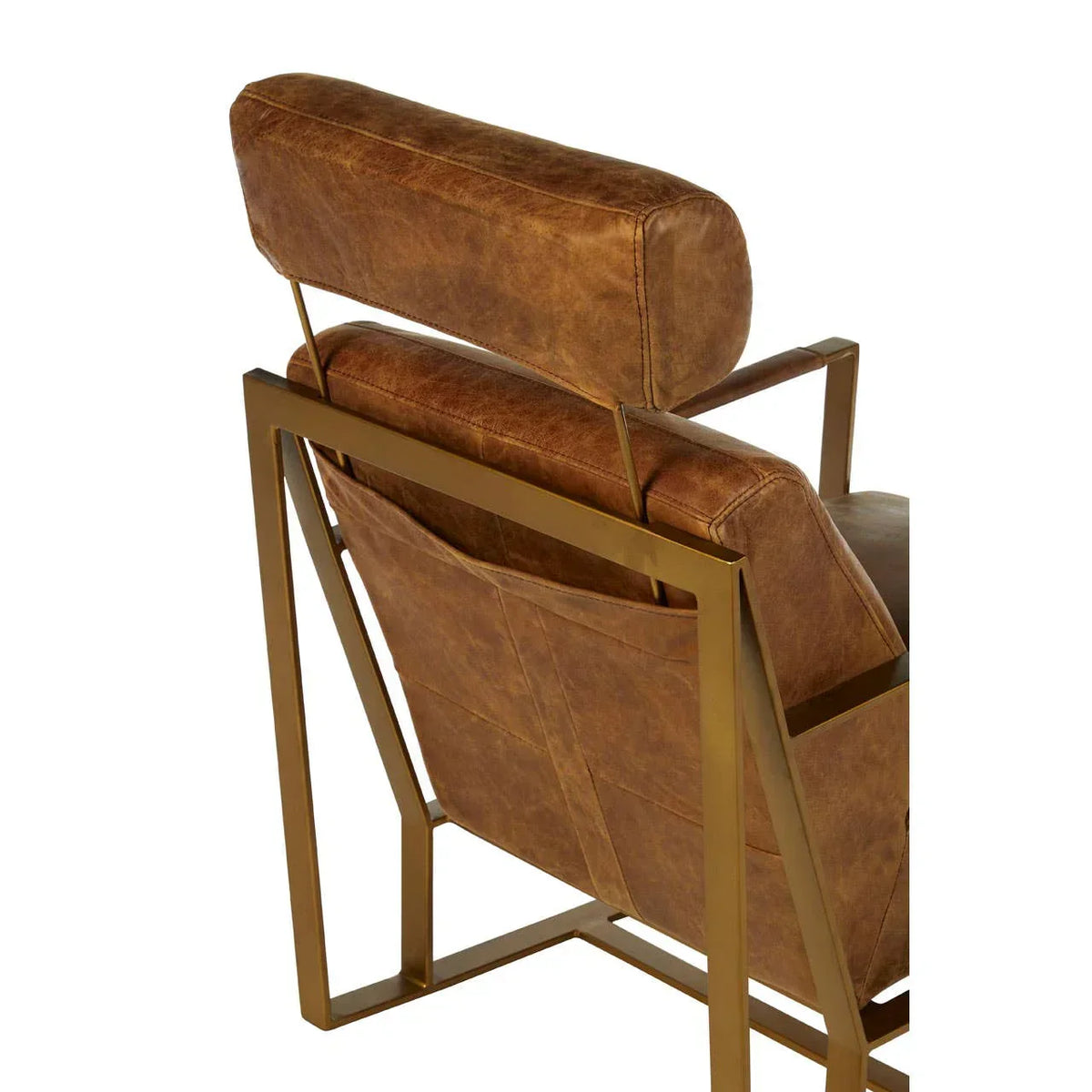 Brown leather accent chair with gold metal frame, rear angle view highlighting headrest