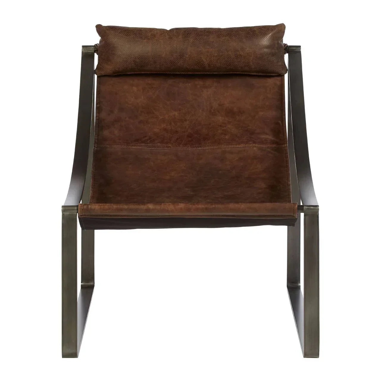 Brown leather lounge chair with metal frame, front view, featuring cushioned headrest