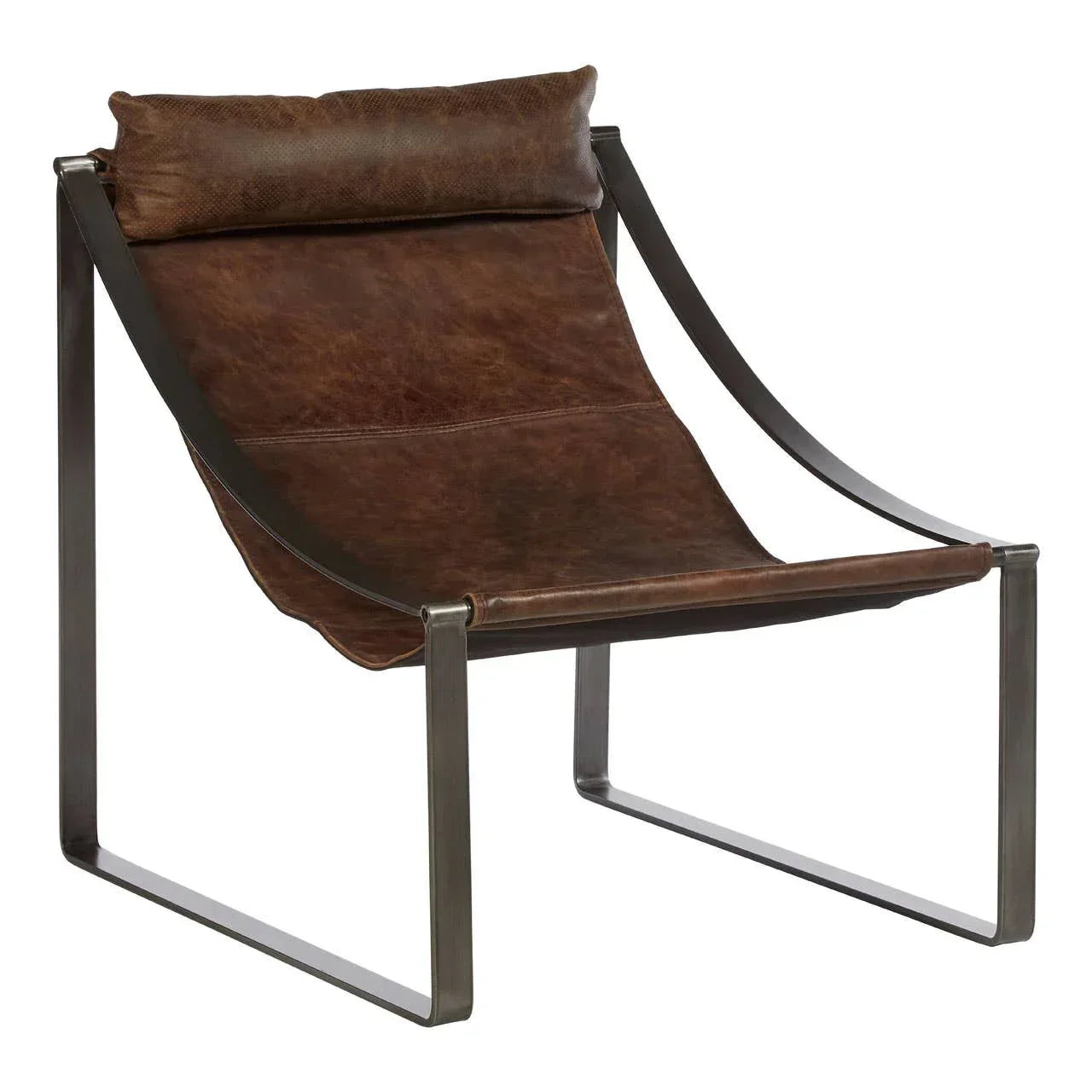 Brown leather accent chair with metal frame and headrest, angled side view