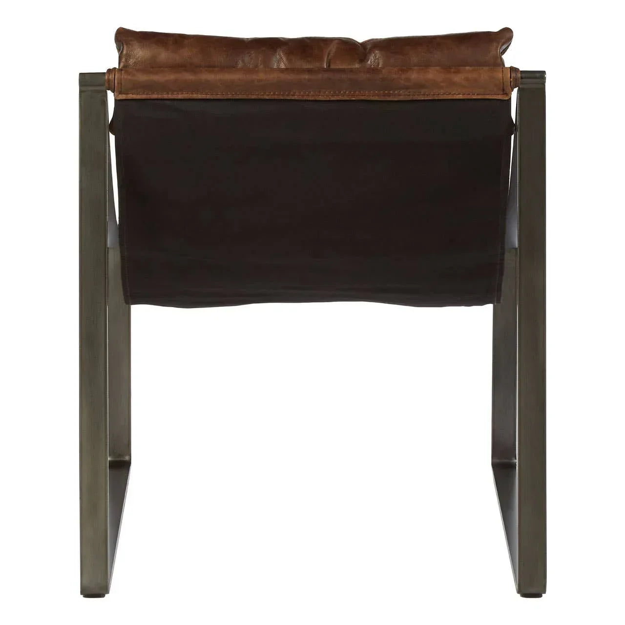 Rear view of brown leather accent chair with black sling back and metal frame