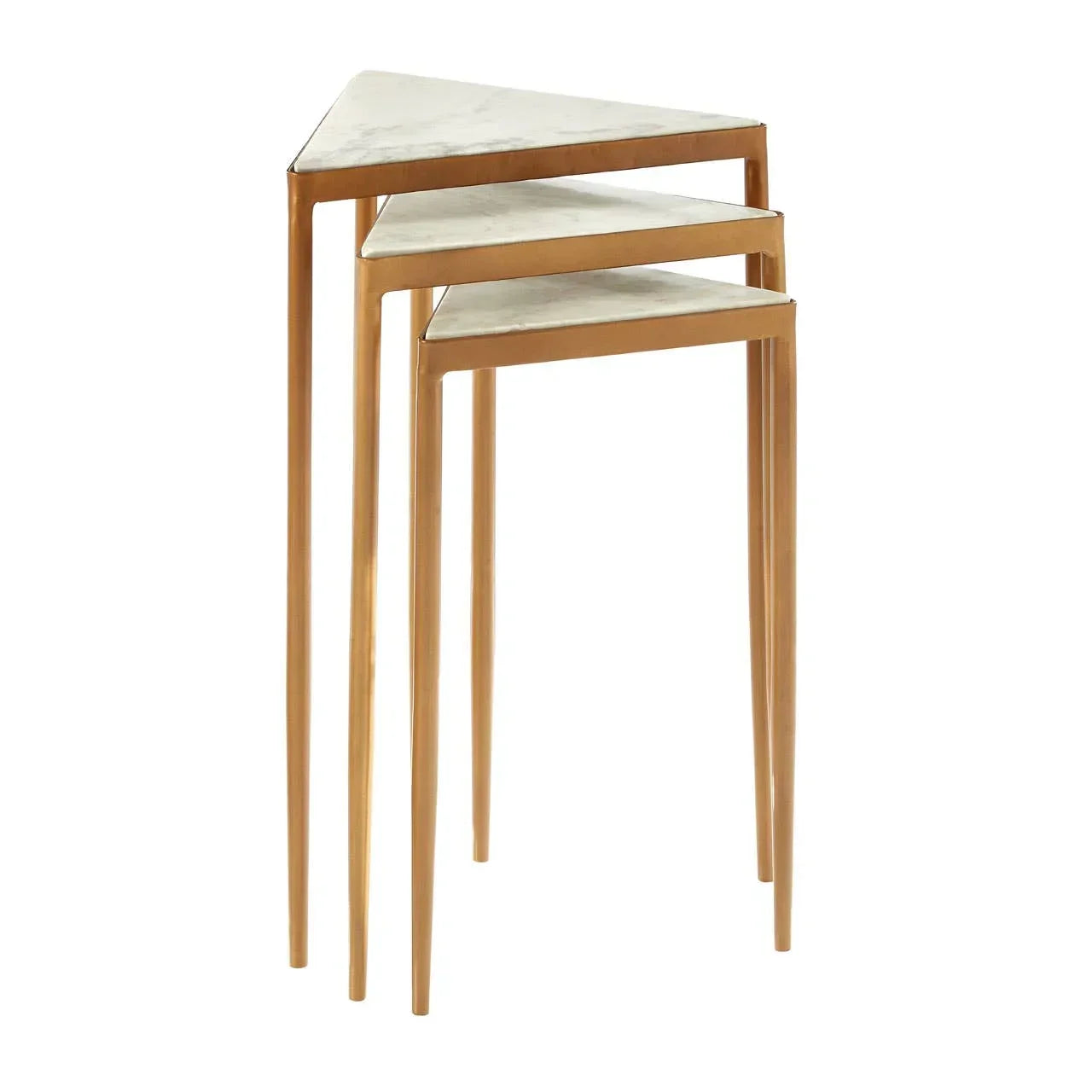 Set of three nesting tables with gold frames and white marble triangular tops