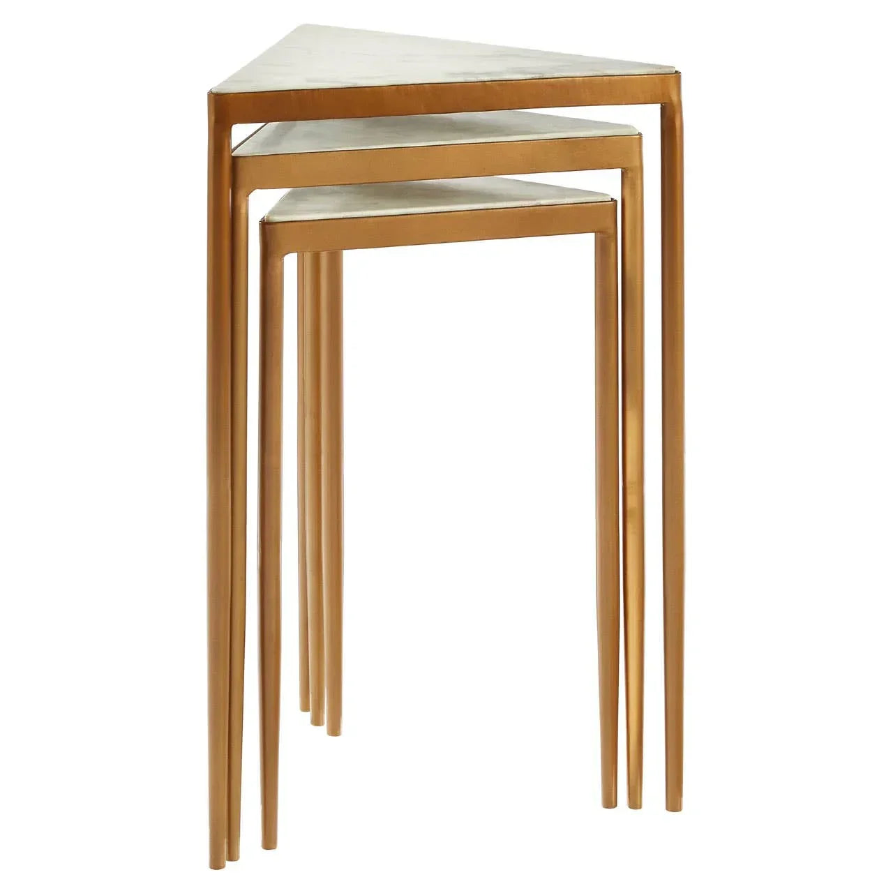 Set of three gold metal nesting tables with triangular tops stacked together