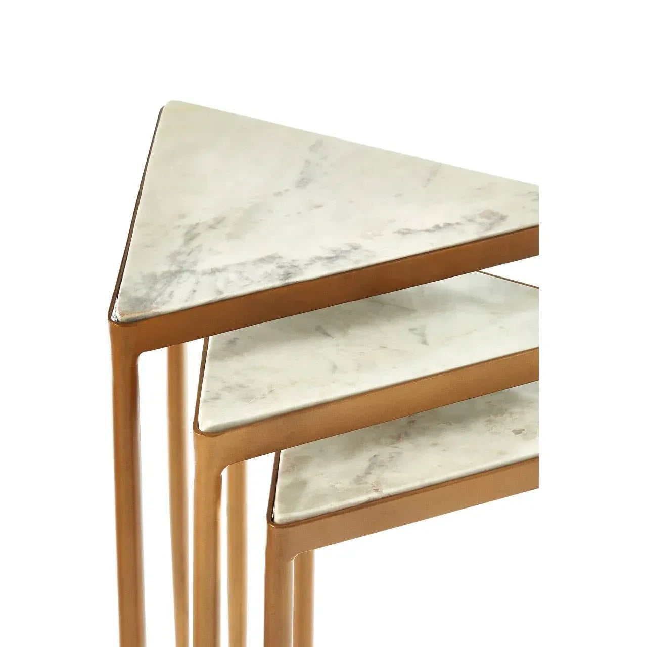 Set of marble top nesting tables with gold metal frames in triangular shape