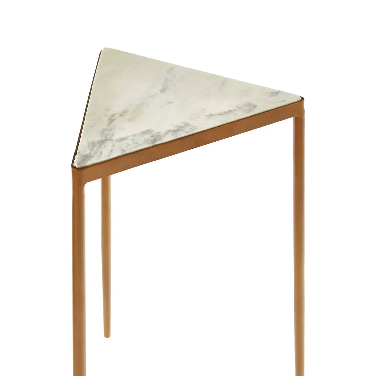 Triangle marble side table with gold metal legs, close-up on top and corner