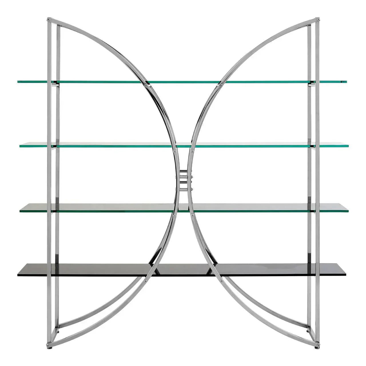 Modern glass shelving unit with chrome metal frame and curved geometric design