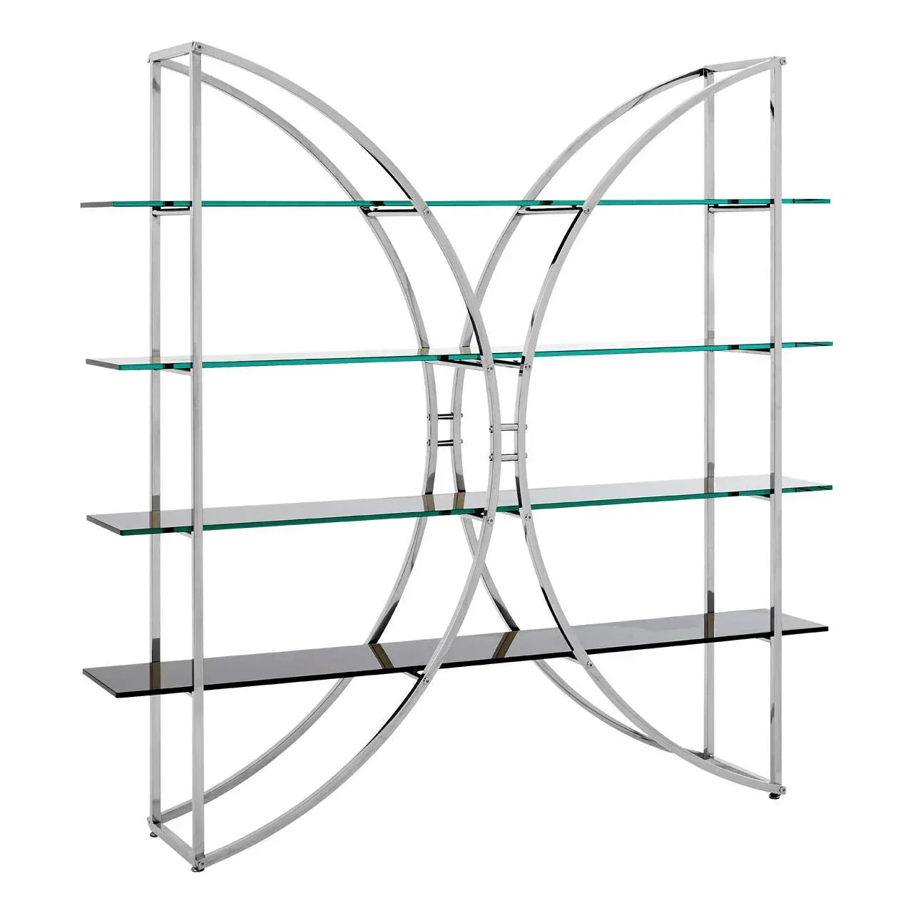Modern glass shelving unit with chrome metal frame and curved geometric design