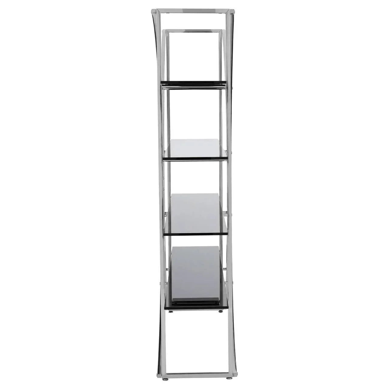 Tall chrome shelving unit with five black glass shelves, front view