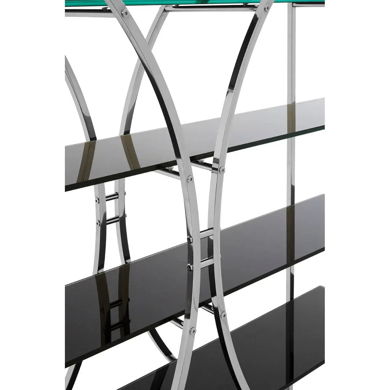 Black glass shelf unit with chrome curved frame modern furniture closeup
