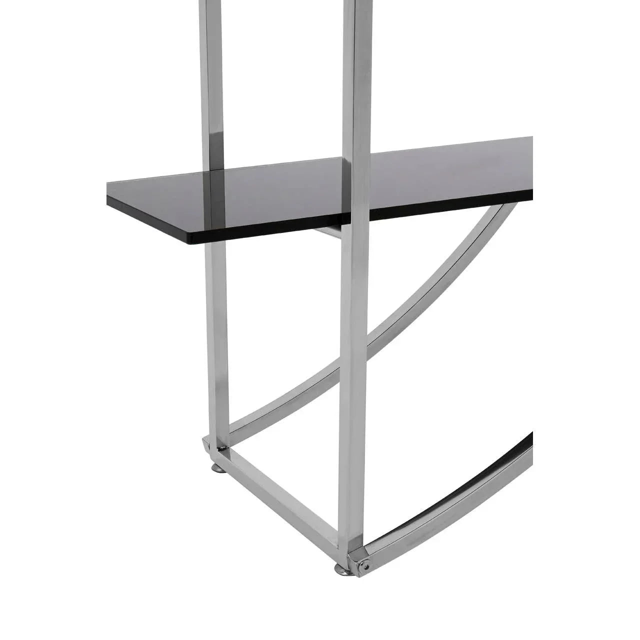 Modern console table with black glass shelf and chrome metal frame, side angle view