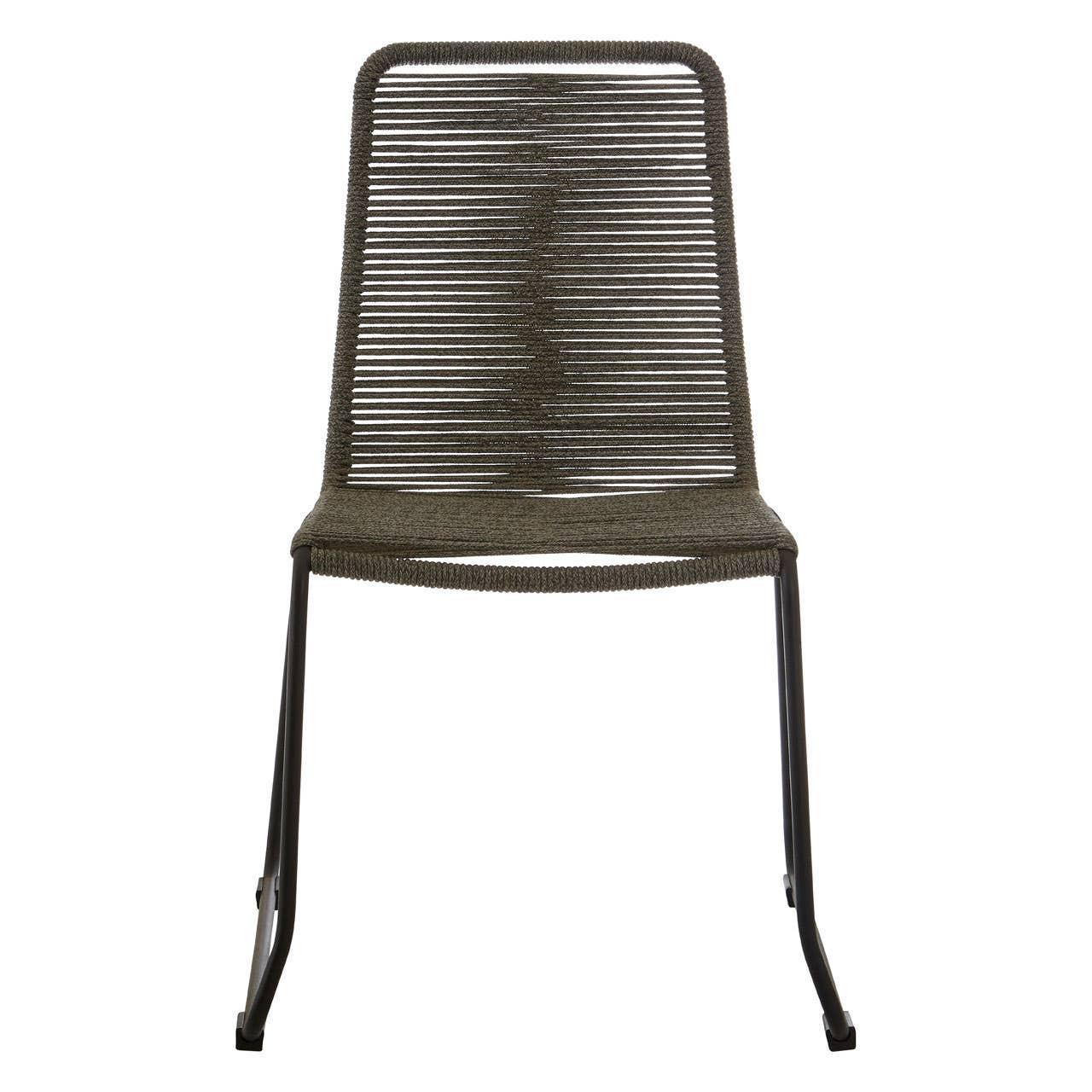 Contemporary dining chair with woven rope back and black metal sled legs, front view