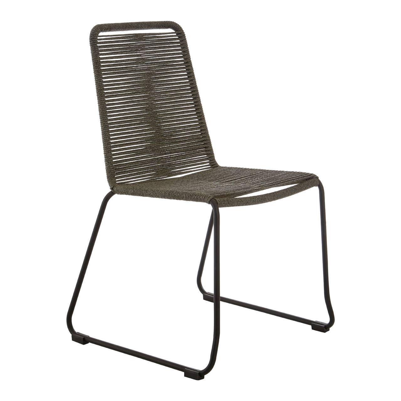 Brown rope dining chair with black metal sled base, side view