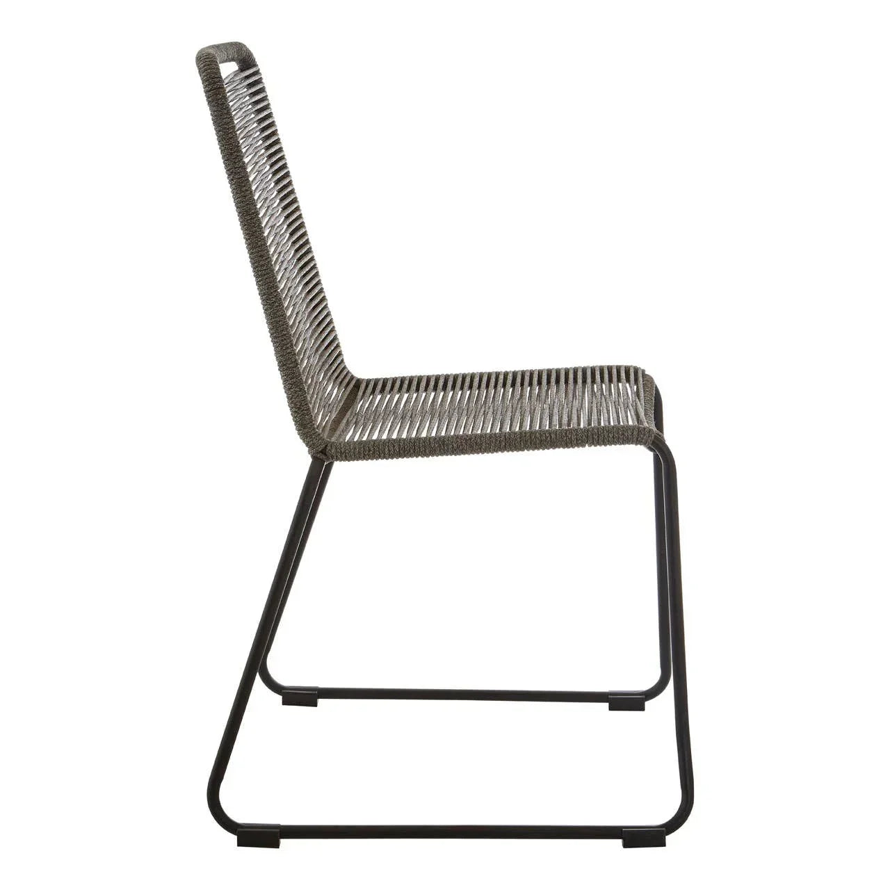 Side view of modern woven rope dining chair with black metal frame