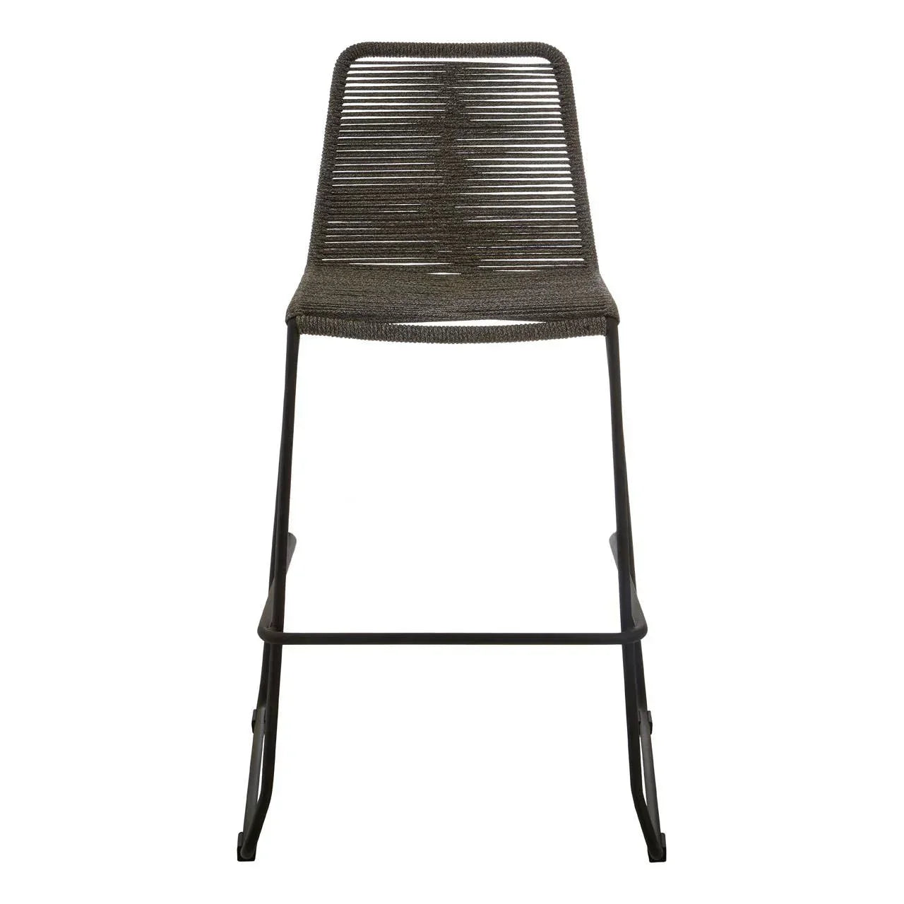 Black metal bar stool with woven rope seat and backrest, front view