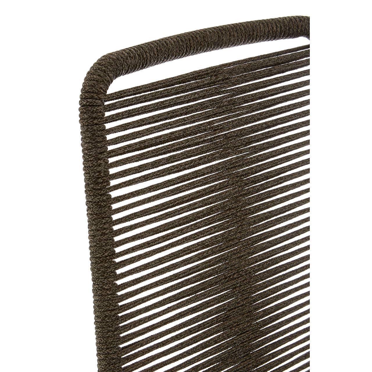 Close-up of brown woven rope dining chair backrest with horizontal detailing