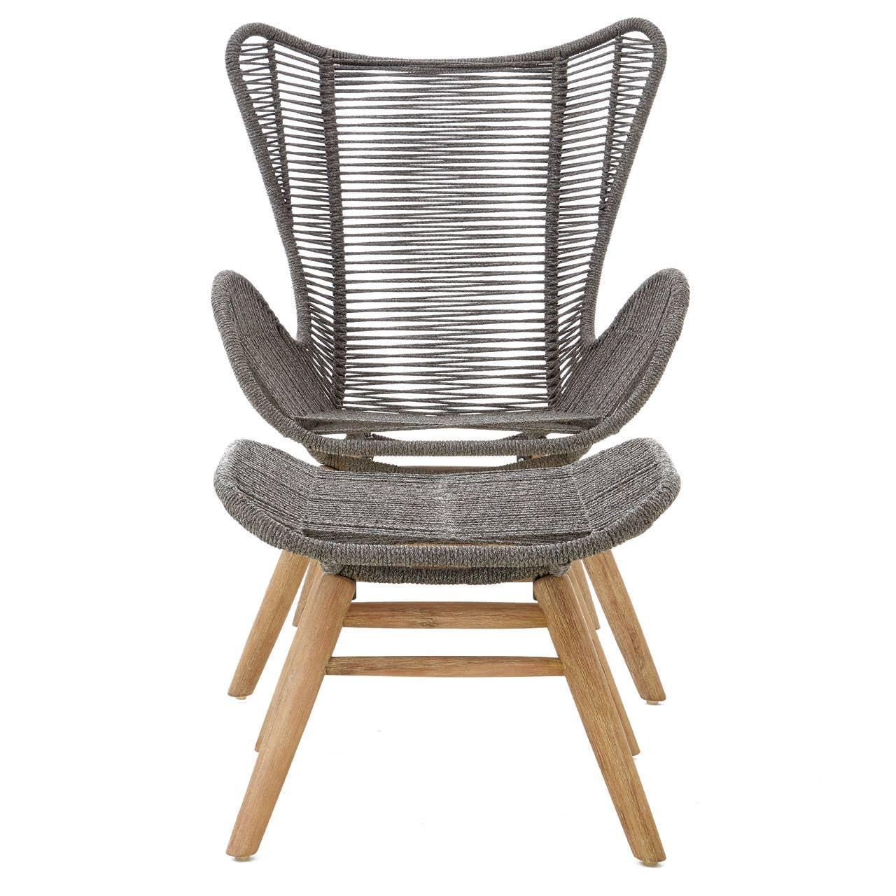 Modern lounge chair with woven rope seat, high backrest, and wooden legs front view