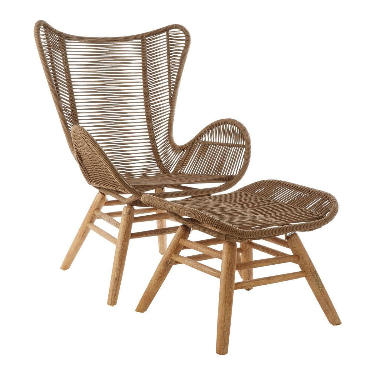 Natural rattan lounge chair with matching footstool and wooden legs, side angle view
