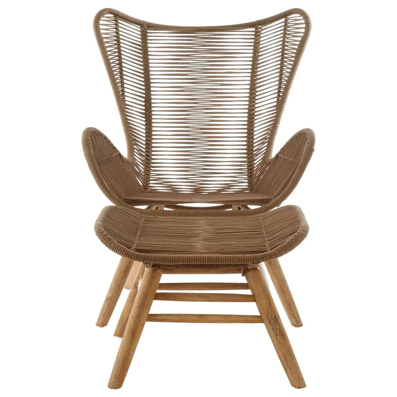 Natural rattan lounge chair with woven seat, tall backrest and wooden legs, front view