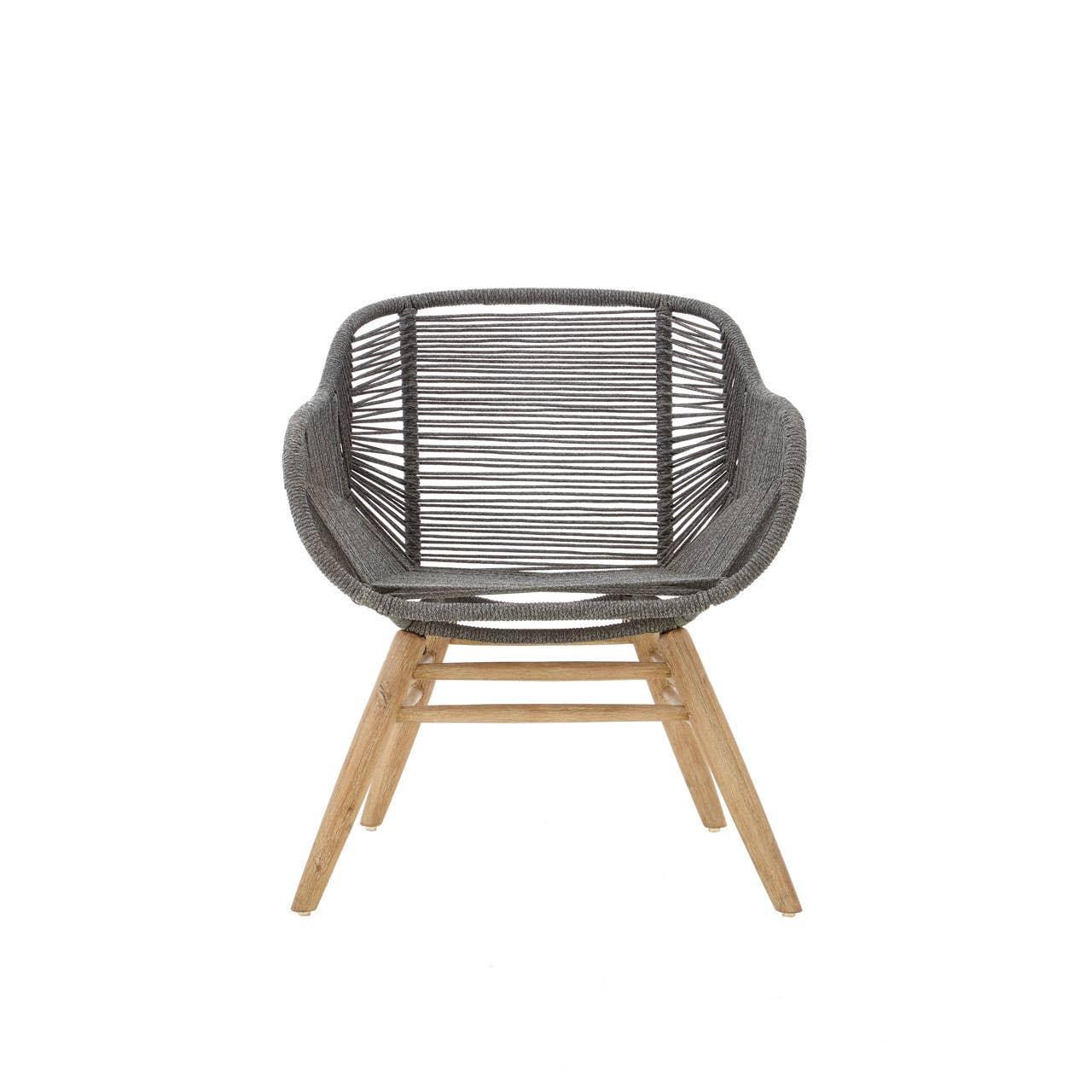 Grey rope accent chair with wooden legs, front view against white background