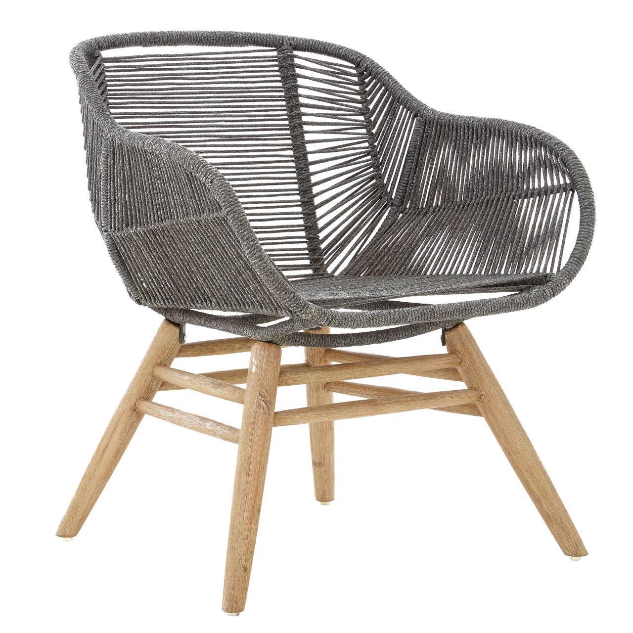 Rope accent chair with grey woven seat and light wood legs, side view