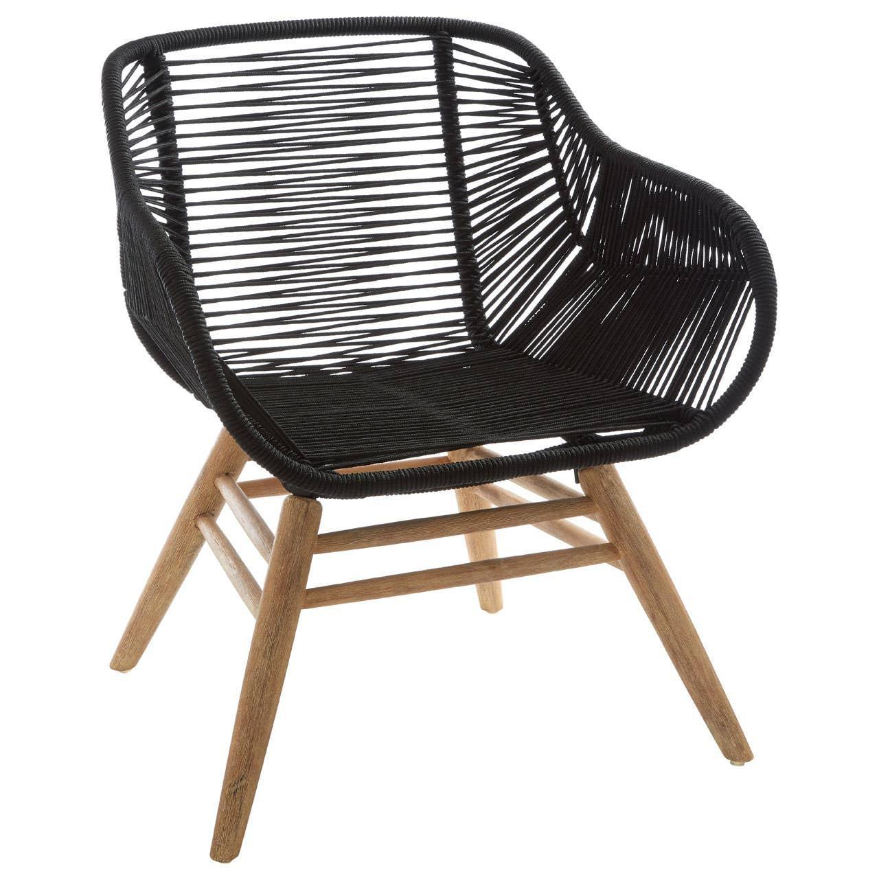 Black rattan accent chair with woven seat and back on light wooden legs