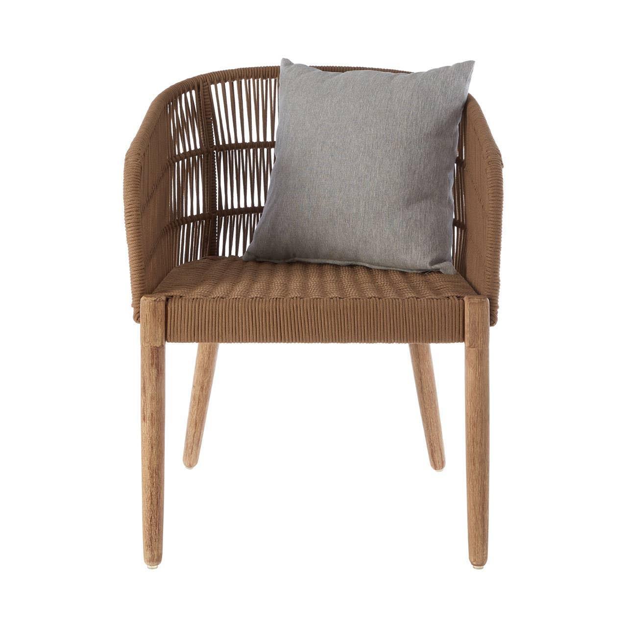 Brown rattan dining chair with wooden legs and grey cushion, front view