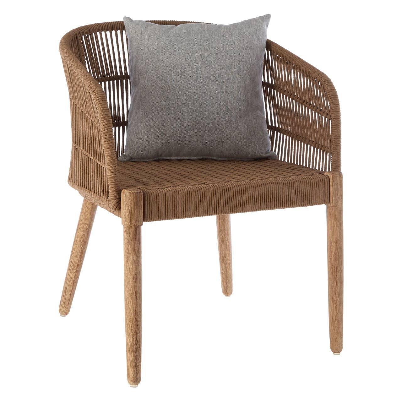 Brown rattan dining chair with wooden legs and a grey cushion on the seat