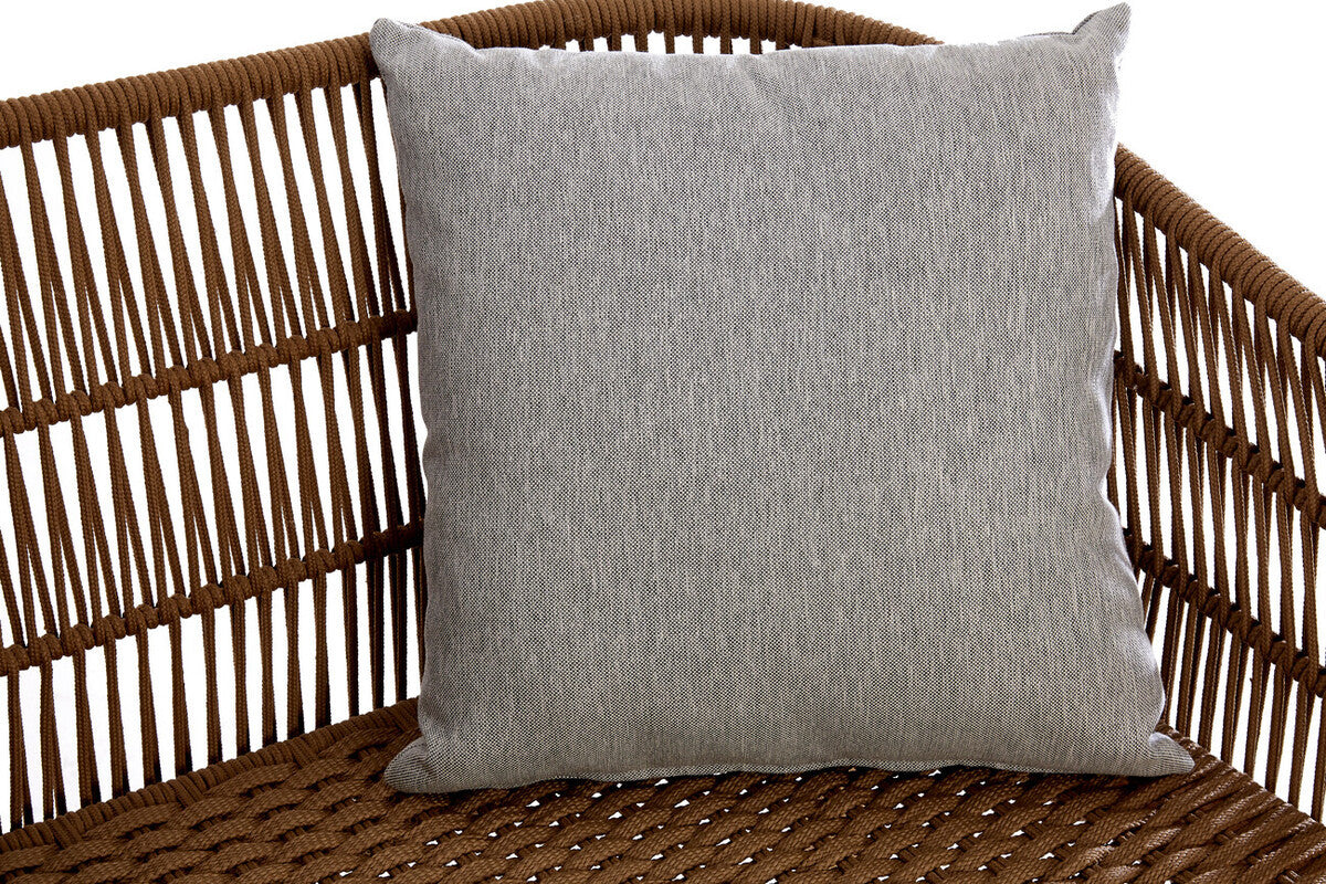 A close-up view of a gray cushion resting on the woven rope seat of the Opus 3 Seater Woven Rope Sofa, showcasing the intricate texture of the rope and the soft fabric of the cushion. The sofa features a modern design with a natural wood frame and a minimalist aesthetic