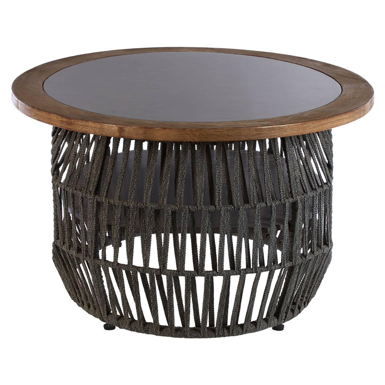 Round coffee table with wood top and black woven rope base, modern living room furniture